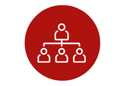 Rotes Icon mit weißer grafischer Darstellung eines Organigramms