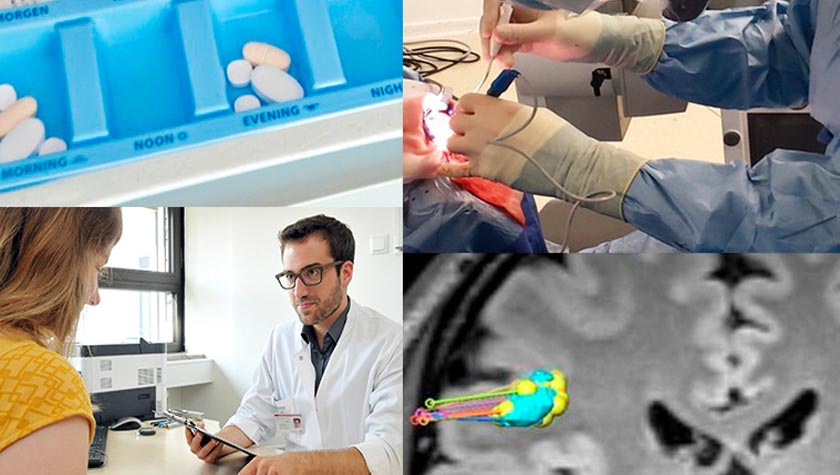 Im Uhrzeigersinn: Medikamentöse Therapie, Resektive Epilepsiechirurgie, Läsionsorientierte Thermokoagulation, Komplexbehandlung