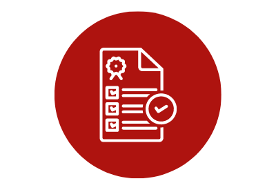 Rotes Icon mit weißer Skizze von einem Zertifikat.