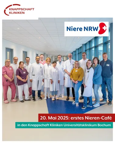 Die Klinik für Chirurgie veranstaltet zusammen mit Niere NRW e. V. das erste Nieren-Café in den Knappschaft Kliniken Universitätsklinikum Bochum 🏥

Das Nieren-Café richtet sich an Patientinnen und Patienten mit einer Niereninsuffizienz und dialysepflichtige Patientinnen und Patienten sowie deren Angehörige. Wir möchten bei dieser Gelegenheit ganz zwanglos über die Therapiemöglichkeiten informieren. Besucherinnen und Besucher haben außerdem die Möglichkeit, unseren Fachärzten individuelle Fragen zu Ihrer Erkrankung, der Behandlung und einer möglichen Transplantation zu stellen. Ebenso bietet das Nieren-Café eine gute Möglichkeit, sich mit anderen Betroffenen auszutauschen. 👨‍⚕️⁉️

Wir freuen uns auf Ihren Besuch!

Die Veranstaltung ist kostenfrei. Eine Anmeldung ist nicht erforderlich. 

📅 20. Mai 2025
⏰ 16 bis 18 Uhr
📌 Knappschaft Kliniken Universitätsklinikum Bochum, Cafeteria, In der Schornau 23-25, 44892 Bochum

<a href='https://www.instagram.com/explore/tags/KnappschaftKliniken/' target='_blank'>#KnappschaftKliniken</a> <a href='https://www.instagram.com/explore/tags/Universitätsklinikum/' target='_blank'>#Universitätsklinikum</a> <a href='https://www.instagram.com/explore/tags/Bochum/' target='_blank'>#Bochum</a> <a href='https://www.instagram.com/explore/tags/Chirurgie/' target='_blank'>#Chirurgie</a> <a href='https://www.instagram.com/explore/tags/Niereninsuffizienz/' target='_blank'>#Niereninsuffizienz</a> <a href='https://www.instagram.com/explore/tags/NierenCafé/' target='_blank'>#NierenCafé</a> <a href='https://www.instagram.com/explore/tags/NiereNRW/' target='_blank'>#NiereNRW</a>