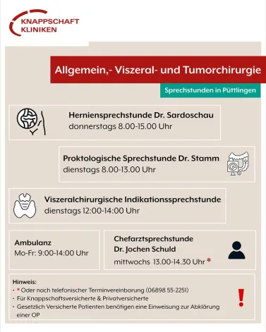 Ihr kennt noch nicht all unsere <a href='https://www.facebook.com/watch/hashtag/Sprechstunden' target='_blank'>#Sprechstunden</a> 🏥 oder wann sie angeboten werden? Kein Problem! Wir fassen alles für euch zusammen. ☝️ Den Start macht unsere Klinik für Allgemein,- Viszeral- und <a href='https://www.facebook.com/watch/hashtag/Tumorchirurgie' target='_blank'>#Tumorchirurgie</a> in Püttlingen. Weitere Informationen zu unserem <a href='https://www.facebook.com/watch/hashtag/Leistungsspektrum' target='_blank'>#Leistungsspektrum</a> findet ihr auf unserer Website: https://www.knappschaft-kliniken.de/puettlingen/fachabteilungen/allgemein-und-viszeralchirurgie/ 🔗