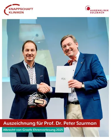 Der Direktor der Augenklinik Sulzbach und Leiter des KHERI-Forschungszentrums, Prof. Dr. Peter Szurman, wurde  von der Deutschen Gesellschaft für Ophthalmochirurgie mit der Albrecht-von-Graefe-Ehrenvorlesung 2025 ausgezeichnet.

Die Preisverleihung und Ehrenvorlesung erfolgten im Rahmen des 37. Internationalen Kongress der Deutschen Ophthalmochirurgie (DOC) vom 15. bis 17. Mai in Nürnberg. Die Verleihung erfolgte für besondere Verdienste in der ophthalmochirurgischen Forschung. Mit seiner Auszeichnung reiht sich Prof. Dr. Szurman in eine Reihe von international renommierten Ophthalmochirurgen und herausragenden Persönlichkeiten ein.

Wir gratulieren Prof. Dr. Szurman zu dieser ehrenvollen Auszeichnung!

💡Gewusst? Friedrich Wilhelm Ernst Albrecht von Graefe (1828-1870) gilt als der Gründer des Fachs der Augenheilkunde in Deutschland. Ihm zu Ehren wird der Preis verliehen.