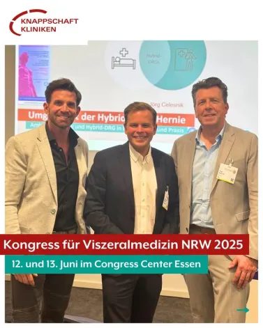Besuchern des Kongresses für Viszeralmedizin NRW 2025 am 12. und 13. Juni im Congress Center Essen ist eindrucksvoll gezeigt worden, wie stark die Viszeralmedizin in Nordrhein-Westfalen vernetzt, innovativ und praxisnah aufgestellt ist.

Dr. Hans Christian Atzpodien, Hauptgeschäftsführer der Knappschaft Kliniken (Mitte im Bild) zählte gemeinsam mit Dr. med. Björn Schmitz, Chefarzt der Klinik für Allgemein- und Viszeralchirurgie, Proktologie in den Knappschaft Kliniken Kamen (links im Bild) und Dr. med. Jörg Celesnik, Chefarzt der Klinik für Allgemein- und Viszeralchirurgie in den Knappschaft Kliniken Bottrop (rechts im Bild) zu den Besuchern.

Der Kongress vereint die 191. Jahrestagung der Niederrheinisch-Westfälischen Gesellschaft für Chirurgie und die 33. Jahrestagung der Gesellschaft für Gastroenterologie in NRW unter einem gemeinsamen Dach. Damit setzt er nicht nur fachlich starke Impulse, sondern unterstreicht auch den Wert einer vernetzten, sektorenübergreifenden Versorgung.

Unter dem Motto „WIR.LEBEN.VISZERALMEDIZIN.“ kamen Fachkräfte aus Gastroenterologie, Viszeralchirurgie und angrenzenden Disziplinen zusammen, um aktuelle Entwicklungen zu diskutieren, Wissen zu teilen und gemeinsam nach vorne zu schauen.

Die Vielzahl an Vorträgen, Workshops und Fallkonferenzen hat nicht nur das breite Spektrum moderner Viszeralmedizin abgebildet, sondern auch deutlich gemacht, welchen Stellenwert interdisziplinäre Zusammenarbeit heute hat – in Klinik, Praxis und Forschung.

Dazu Dr. Hans Christian Atzpodien: „Wir nehmen die Herausforderung der Ambulantisierung an, die Patienten stehen bei uns im Mittelpunkt.“

Besonders positiv hervorzuheben ist der Austausch zwischen etablierten Experten und dem medizinischen Nachwuchs. Diese Form des Wissenstransfers ist für die Zukunftsfähigkeit unseres Gesundheitswesens von zentraler Bedeutung.