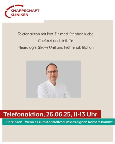Prof. Dr. med. Stephan Klebe, Chefarzt der Klinik für Neurologie, Stroke Unit und Frührehabilitation in den Knappschaft Kliniken Recklinghausen beantwortet im Rahmen der Telefonaktion am 26. Juni alle Ihre Fragen zum Thema "Parkinson – Wenn es zum Kontrollverlust des eigenen Körpers kommt."

Ihre Fragen können Sie am kommenden Donnerstag telefonisch zwischen 11.00 bis 13.00 Uhr an Herrn Prof. Dr. med. Stephan Klebe stellen. Er beantwortet Ihre Fragen unter der Tel.: 02365 107 1111.

<a href='https://www.facebook.com/watch/hashtag/knappschaftklinikenvest' target='_blank'>#knappschaftklinikenvest</a>
<a href='https://www.facebook.com/watch/hashtag/knappschaftklinikenrecklinghausen' target='_blank'>#knappschaftklinikenrecklinghausen</a>
<a href='https://www.facebook.com/watch/hashtag/neurologie' target='_blank'>#neurologie</a>
<a href='https://www.facebook.com/watch/hashtag/parkinson' target='_blank'>#parkinson</a>