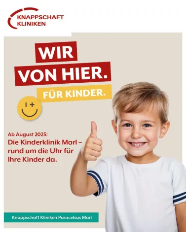 Spannende News: Ab dem 1. August 2025 eröffnet die Kinderklinik Marl in den Knappschaft Kliniken Paracelsus Marl!

Im Rahmen der Krankenhausplanung haben die Knappschaft Kliniken Paracelsus Marl vom Land NRW neue Versorgungsaufträge für junge Patienten erhalten. 

Bis August entsteht durch den Umbau vorhandener Räumlichkeiten eine moderne und kindgerechte Zentrale Notaufnahme (ZNA), in der eine umfassende diagnostische Abklärung und Behandlung sämtlicher kinderärztlicher Notfälle erfolgt. Schwer verletzte oder akut lebensbedrohlich erkrankte Kinder erhalten dadurch eine optimale Versorgung.

Bis zum 1. August wird außerdem eine Kinderstation mit 15 Betten gebaut. Neben der neuen stationären Versorgung, werden zudem Ambulanzsprechstunden angeboten: Termine können im Sommer in den Fachbereichen Orthopädie, Unfallchirurgie, Gastroenterologie, Mund-Kiefer-Gesichtschirurgie und Dermatologie vereinbart werden.

Der Marler Bürgermeister Werner Arndt begrüßt das Engagement der Knappschaft Kliniken: „Während meiner gesamten Amtszeit habe ich mich stets für eine starke Geburtsklinik in Marl eingesetzt. Dass wir nun eine hochmoderne Kinderklinik am Standort Marl aufbauen können, ist ein besonders großer Erfolg für unsere Stadt. Die Bedürfnisse der jüngsten Mitglieder unserer Gesellschaft werden damit berücksichtigt und Eltern die Wege kürzer gemacht. Das macht Marl und die nähere Umgebung zukunftsfähig. Zudem gilt: Wer in Marl geboren ist, wird für immer mit Marl verbunden bleiben.“

Weitere Infos zur Kinderklinik gibt es ab sofort hier für euch auf unserem Kanal.

<a href='https://www.facebook.com/watch/hashtag/knappschaftkliniken' target='_blank'>#knappschaftkliniken</a> <a href='https://www.facebook.com/watch/hashtag/knappschaftklinikparacelsusmarl' target='_blank'>#knappschaftklinikparacelsusmarl</a> <a href='https://www.facebook.com/watch/hashtag/kinderklinikmarl' target='_blank'>#kinderklinikmarl</a> <a href='https://www.facebook.com/watch/hashtag/kinderklinik' target='_blank'>#kinderklinik</a> <a href='https://www.facebook.com/watch/hashtag/neueroeffnung' target='_blank'>#neueroeffnung</a> <a href='https://www.facebook.com/watch/hashtag/kinderundjugendmedizin' target='_blank'>#kinderundjugendmedizin</a>