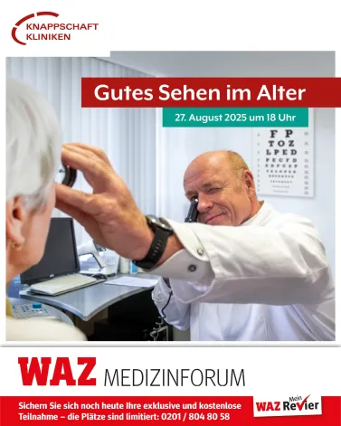 📣 WAZ-Medizinforum: Gutes Sehen im Alter 👀🧓

Unsere Expert*innen sprechen zu den folgenden spannenden Themen: 
▪️ Einführung in das Thema: Univ.-Prof. Dr. med. H. B. Dick; Klinikdirektor
️▪️ Altersbedingte Veränderungen der Linse und Hornhaut: Charlotte Bergmann, FEBO; Oberärztin
▪️ Was gibt es Neues bei der Behandlung des Grünen Stars: Von Mikro-Implantaten bis Laser: Dr. med. Inga Kersten-Gomez; Oberärztin
▪️ Altersbedingte Makuladegeneration (AMD): Dr. med. univ. Florian Bauer, FEBO; Leitender Oberarzt

Die Teilnehmenden können natürlich jede Menge Fragen stellen und im Anschluss mit unseren Expert*innen ins Gespräch kommen! 

📅 Mittwoch, 27. August 2025
⏰ 18 Uhr 
📍 in der Cafeteria der Knappschaft Kliniken Universitätsklinikum Bochum, In der Schornau 23–25, 44892 Bochum

☎ Sichern Sie sich noch heute Ihre exklusive und kostenlose Teilnahme – die Plätze sind limitiert: 0201 / 804 80 58

<a href='https://www.instagram.com/explore/tags/KnappschaftKliniken/' target='_blank'>#KnappschaftKliniken</a> <a href='https://www.instagram.com/explore/tags/Universitätsklinikum/' target='_blank'>#Universitätsklinikum</a> <a href='https://www.instagram.com/explore/tags/Bochum/' target='_blank'>#Bochum</a> <a href='https://www.instagram.com/explore/tags/WAZMedizinforum/' target='_blank'>#WAZMedizinforum</a> <a href='https://www.instagram.com/explore/tags/Augenklinik/' target='_blank'>#Augenklinik</a> <a href='https://www.instagram.com/explore/tags/Glaukom/' target='_blank'>#Glaukom</a> <a href='https://www.instagram.com/explore/tags/Makuladegeneration/' target='_blank'>#Makuladegeneration</a>