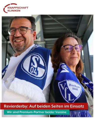 ⚽ Derbytime: Schalke 04 vs. VfL Bochum ⚽

Heute ist es wieder so weit: Revierderby! Wenn der FC Schalke 04 und der VfL Bochum aufeinandertreffen, liegt die ganze Region im Fußballfieber. 🔵⚪🔴

Als Premium-Partner beider Vereine sind wir von den Knappschaft Kliniken nicht nur medizinischer Partner für die Spieler – wir stehen im Falle eines Falles am Spielfeldrand für die medizinische Versorgung bereit. 🏥👨‍⚕️👩‍⚕️

Doch unsere Verantwortung endet nicht an der Seitenlinie: Als regionaler Gesundheitsversorger, unter anderem an unseren Standorten in Bochum und Gelsenkirchen, sind wir auch für die Fans und Menschen vor Ort da – mit starker Medizin, direkter Nähe und einem Team, das rund um die Uhr im Einsatz ist.

Auch innerhalb der Knappschaft Kliniken greift beim Derby eine besondere Stimmung um sich. Ärzte, Pflegepersonal, IT-Fachkräfte und Verwaltungsmitarbeitende fiebern für ihre Lieblingsmannschaft mit.

👉 Ob Königsblau oder Tief im Westen – wir sind da, wenn es drauf ankommt. Auf dem Platz. Und im Leben.

<a href='https://www.facebook.com/watch/hashtag/Revierderby' target='_blank'>#Revierderby</a> <a href='https://www.facebook.com/watch/hashtag/S04' target='_blank'>#S04</a> <a href='https://www.facebook.com/watch/hashtag/VfLBochum' target='_blank'>#VfLBochum</a> <a href='https://www.facebook.com/watch/hashtag/FCSchalke04' target='_blank'>#FCSchalke04</a> <a href='https://www.facebook.com/watch/hashtag/KnappschaftKliniken' target='_blank'>#KnappschaftKliniken</a> <a href='https://www.facebook.com/watch/hashtag/KKliniken' target='_blank'>#KKliniken</a> <a href='https://www.facebook.com/watch/hashtag/PremiumPartner' target='_blank'>#PremiumPartner</a> <a href='https://www.facebook.com/watch/hashtag/MedizinischerPartner' target='_blank'>#MedizinischerPartner</a> <a href='https://www.facebook.com/watch/hashtag/fußballverbindet' target='_blank'>#fußballverbindet</a> <a href='https://www.facebook.com/watch/hashtag/derby' target='_blank'>#derby</a> <a href='https://www.facebook.com/watch/hashtag/derbyday' target='_blank'>#derbyday</a>