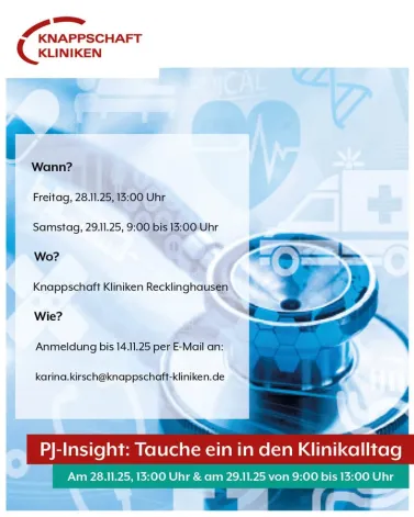 Medizinstudenten aufgepasst: Die Knappschaft Kliniken Recklinghausen laden zum diesjährigen PJ-Symposium vom 28.-29. November 2025 ein.

Das Thema lautet „PJ-Insight: Tauche ein in den Klinikalltag und vertiefe deine praktischen Fähigkeiten“

Wertvolle Einblicke ins Praktische Jahr, der Austausch mit anderen Medizinern, spannende Vorträge und hilfreiche Skills Labs stehen auf dem Programm. Die Teilnahme ist für Sie kostenfrei. Zusätzlich übernehmen wir bis zu 150 € Ihrer Reise- und Unterkunftskosten.

Eine Anmeldung ist per E-Mail bis zum 14.11.25 an karina.kirsch<a href='https://www.instagram.com/_u/knappschaft-kliniken/' target='_blank'>@knappschaft-kliniken</a>.de möglich. Bitte geben Sie Ihren Vor- und Nachnamen sowie Ihr aktuelles Semester und den Namen Ihrer Universität an.

Bei Fragen steht Ihnen Frau Kirsch gerne unter der Telefonnummer 02361 56 81021 oder per E-Mail karina.kirsch<a href='https://www.instagram.com/_u/knappschaft-kliniken/' target='_blank'>@knappschaft-kliniken</a> zur Verfügung.

<a href='https://www.facebook.com/watch/hashtag/knappschaftklinikenrecklinghausen' target='_blank'>#knappschaftklinikenrecklinghausen</a>
<a href='https://www.facebook.com/watch/hashtag/klinikalltag' target='_blank'>#klinikalltag</a>
<a href='https://www.facebook.com/watch/hashtag/knappschaftklinikenvest' target='_blank'>#knappschaftklinikenvest</a>
<a href='https://www.facebook.com/watch/hashtag/syposium' target='_blank'>#syposium</a>