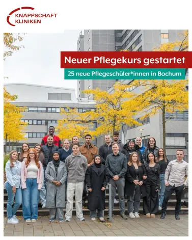 Herzlich willkommen an unsere neuen Pflegeschülerinnen und Pflegeschüler! 🙋‍♀️🙋‍♂️️

🏥🚀 Anfang Oktober hat ein neuer Kurs der dreijährigen Ausbildung zur Pflegefachkraft an unserem Standort gestartet! 25 neue Gesichter dürfen wir als angehende Pflegekräfte begrüßen. 

Wir heißen unsere neuen Auszubildenden herzlich willkommen und wünschen Ihnen einen guten Start in die Ausbildung! 🎉

<a href='https://www.instagram.com/explore/tags/KnappschaftKliniken/' target='_blank'>#KnappschaftKliniken</a> <a href='https://www.instagram.com/explore/tags/Universitätsklinikum/' target='_blank'>#Universitätsklinikum</a> <a href='https://www.instagram.com/explore/tags/Bochum/' target='_blank'>#Bochum</a> <a href='https://www.instagram.com/explore/tags/Pflege/' target='_blank'>#Pflege</a> <a href='https://www.instagram.com/explore/tags/Ausbildung/' target='_blank'>#Ausbildung</a>