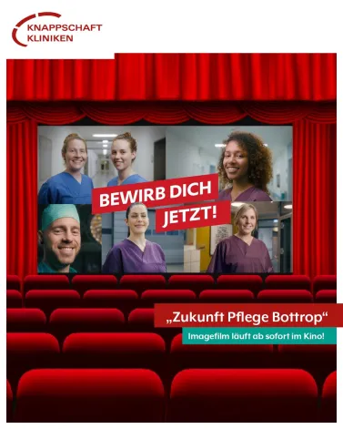🎬 Film ab! Unser Pflegeimagefilm läuft ab Donnerstag, 04.12.25, in als Werbung in Kinos in Essen und Oberhausen. 

Im letzten Jahr haben wir mit der Bottroper Agentur <a href='https://www.instagram.com/_u/tommy_firestone/' target='_blank'>@tommy_firestone</a> einen neuen, ganz besonderen Pflege-Akquise-Film gedreht. Im Fokus standen dabei potentielle Bewerber mit all ihren Facetten, Lebenseinstellungen und Bedürfnissen und damit Menschen, die  ideal in unser Pflegeteam passen würden. 

Seit August 2024 ist der 30-Sekunden-Film auf dem YouTube-Kanal der Knappschaft Kliniken Bottrop zu sehen. In diesem Jahr erweitern wir unsere Kampagne erstmals um Kinowerbung.

Ab Donnerstag, den 04.12.2025, läuft der Spot nun als Kino-Werbung bis voraussichtlich Jahresende in verschiedenen Sälen im Cinemaxx Essen (Saal 1,2,3 und 5), im Autokino Essen und im CineStar Oberhausen (Saal 1, 5 und 7). 

Unser Werbespot wird bei verschiedenen Vorstellungen so lange ausgespielt, bis die vereinbarte Besucher- bzw. Kontaktzahl erreicht ist. Also Augen auf beim Kinobesuch! Schickt uns gerne ein Feedback, wie Euch der Film als Werbespot gefallen hat! 🎥

<a href='https://www.instagram.com/explore/tags/pflegeakquise/' target='_blank'>#pflegeakquise</a> <a href='https://www.instagram.com/explore/tags/kkbottrop/' target='_blank'>#kkbottrop</a> <a href='https://www.instagram.com/explore/tags/knappschaftkliniken/' target='_blank'>#knappschaftkliniken</a> <a href='https://www.instagram.com/explore/tags/zukunftpflegebottrop/' target='_blank'>#zukunftpflegebottrop</a> <a href='https://www.instagram.com/explore/tags/arbeiteninderpflege/' target='_blank'>#arbeiteninderpflege</a> <a href='https://www.instagram.com/explore/tags/kino/' target='_blank'>#kino</a>