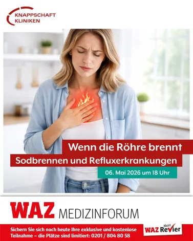 📣 WAZ-Medizinforum: Wenn die Röhre brennt – Sodbrennen und Refluxerkrankungen

Unsere Expert*innen sprechen zu den folgenden spannenden Themen:
👉 Einführung in das Thema: Univ.-Prof. Dr. med. Ali Canbay, Klinikdirektor der Medizinischen Klinik

👉 „Sodbrennen oder Refluxerkrankung: So wird die Diagnose gestellt“: Priv.-Doz. Dr. med. Oliver Götze, Stv. Klinikdirektor der Medizinischen Klinik, Leitender Oberarzt, Leiter Sektion Hepatobiliäre und gastroenterologische Erkrankungen

👉 „Chirurgische Behandlungsmöglichkeiten der Speiseröhre“: Univ.-Prof. Dr. med. Andreas Schnitzbauer, Klinikdirektor der Klinik für Chirurgie

Die Teilnehmenden können natürlich jede Menge Fragen stellen und im Anschluss mit unseren Expert*innen ins Gespräch kommen!

📅 Mittwoch, 6. Mai 2026
⏰ 18 Uhr
📍 in der Cafeteria der Knappschaft Kliniken Universitätsklinikum Bochum, In der Schornau 23–25, 44892 Bochum

☎️ Sichern Sie sich noch heute Ihre exklusive und kostenlose Teilnahme – die Plätze sind limitiert: 0201 / 804 80 58

<a href='https://www.instagram.com/explore/tags/KnappschaftKliniken/' target='_blank'>#KnappschaftKliniken</a> <a href='https://www.instagram.com/explore/tags/Universitätsklinikum/' target='_blank'>#Universitätsklinikum</a> <a href='https://www.instagram.com/explore/tags/Bochum/' target='_blank'>#Bochum</a> <a href='https://www.instagram.com/explore/tags/WAZMedizinforum/' target='_blank'>#WAZMedizinforum</a> <a href='https://www.instagram.com/explore/tags/gastroenterologie/' target='_blank'>#gastroenterologie</a> <a href='https://www.instagram.com/explore/tags/reflux/' target='_blank'>#reflux</a> <a href='https://www.instagram.com/explore/tags/sodbrennen/' target='_blank'>#sodbrennen</a>