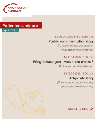 Patientenseminare im April - das erwartet euch 🏥🩺

🔸 Parkinsoninformationstag
Vorträge, Informationsstände und Therapieeinblicke zum Thema Parkinson. Das Team der Neurologie ist für Fragen vor Ort. Außerdem gibt es Waffeln für den guten Zweck. Eine Anmeldung ist nicht notwendig!

🔸 Pflegeleistungen
Dr. Martin Glasneck, Chefarzt der Altersmedizin, klärt darüber auf, welche Leistungen einem im Pflegefall zustehen. 

🔸 Adipositastag
Im Rahmen der Bariatrie-Woche veranstaltet die Klinik für Chirurgie einen Infonachmittag zum Thema Adipositas. Die Teilnehmenden erwartet ein umfassendes Programm mit Vorträgen der Experten des Adipositaszentrums. Kooperationspartner und Selbsthilfegruppen sind ebenfalls vor Ort.

🔸 Gefäßgesundheit beginnt im Blut: Cholesterin verstehen
Was genau ist Cholesterin, wie beeinflusst es unsere Körperfunktionen und worauf sollte man bei seinen Blutfettwerten achten, um ein langes und aktives Leben zu führen? Diese und weitere Fragen beantworten die Oberärztinnen und Oberarzt der Klinik für Angiologie in ihrem Vortrag.

🔸 WAZ-Medizinforum | Gendermedizin: Warum Frauen eine andere Medizin als Männer brauchen
Experten aus verschiedenen Fachabteilungen (Kardiologie, Chirurgie, Neurochirurgie und Geriatrie) erklären, was es beim Thema Frauengesundheit zu beachten gilt und wo die Unterschiede liegen. 
Anmeldung bitte über die Hotline der WAZ: 📞0201 804 80 58

🔸 Chirurgische Therapieoptionen bei Adipositas
Das Team der Chirurgie klärt darüber auf, welche chirurgischen Behandlungsmöglichkeiten in Form von Operationen bei einer Adipositas-Erkrankung in Betracht kommen. Anmeldungen bitte per Mail an simone.rduch<a href='https://www.instagram.com/_u/knappschaft-kliniken/' target='_blank'>@knappschaft-kliniken</a>.de

<a href='https://www.instagram.com/explore/tags/patientenseminar/' target='_blank'>#patientenseminar</a> <a href='https://www.instagram.com/explore/tags/kkbottrop/' target='_blank'>#kkbottrop</a> <a href='https://www.instagram.com/explore/tags/medizin/' target='_blank'>#medizin</a> <a href='https://www.instagram.com/explore/tags/knappschaftkliniken/' target='_blank'>#knappschaftkliniken</a>