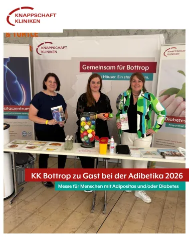 Am vergangenen Samstag fand in der Mercatorhalle Duisburg die ADIBETIKA statt -  ein Informationstag für Menschen mit Adipositas und / oder Diabetes.

Unser Team vom Adipositaszentrum sowie unser Diabeteszentrum waren mit einem gemeinsamen Infostand vor Ort und erlebten einen Tag voller spannender Gespräche, wertvoller Begegnungen und neuer Impulse. Sie kamen dabei mit vielen Betroffenen, Angehörigen, Kolleginnen und Kollegen, Patientenverbänden und Fachfirmen ins Gespräch. Dabei wurde wieder deutlich, wie groß der Bedarf an Informationen und persönlichem Austausch rund um die Themen Adipositas und Diabetes – zwei Erkrankungen, die nah beieinander liegen – ist.

Wir bedanken uns für eine rundum gelungene Veranstaltung, die seitens des 
<a href='https://www.instagram.com/_u/adipositas_verband_deutschland/' target='_blank'>@adipositas_verband_deutschland</a> und der <a href='https://www.instagram.com/_u/deutschediabeteshilfe_nrw/' target='_blank'>@deutschediabeteshilfe_nrw</a> perfekt organisiert war.

<a href='https://www.instagram.com/explore/tags/adipositas/' target='_blank'>#adipositas</a> <a href='https://www.instagram.com/explore/tags/diabetes/' target='_blank'>#diabetes</a> <a href='https://www.instagram.com/explore/tags/adibetika2026/' target='_blank'>#adibetika2026</a> <a href='https://www.instagram.com/explore/tags/kkbottrop/' target='_blank'>#kkbottrop</a> <a href='https://www.instagram.com/explore/tags/knappschaftkliniken/' target='_blank'>#knappschaftkliniken</a>
<a href='https://www.instagram.com/explore/tags/knappschaftkliniken/' target='_blank'>#knappschaftkliniken</a>