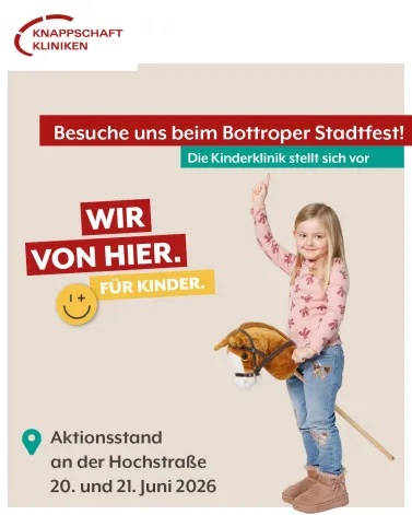 📍 Wir sind beim Bottroper Stadtfest 2026 dabei! 

Besucht unseren Aktionsstand der Kinderklinik auf der Hochstraße. Ihr findet uns dort am Samstag und Sonntag (20. und 21. Juni 2026). 

Auf euch warten tolle Mitmach-Aktionen für Kinder: 
🩹 Einen echten Verband anlegen lassen
🎡 Am Glücksrad drehen & kleine Gewinne sichern
🎟️ Das Rätsel lösen und beim Gewinnspiel mitmachen

Kommt vorbei, lernt unser Team kennen und verbringt mit uns einen bunten Tag auf dem Stadtfest! Wir freuen uns auf viele kleine und große Besucherinnen und Besucher 😊

📍 Hochstraße, neben der City-Apotheke
📅 20. und 21. Juni ab 11-17:30 Uhr