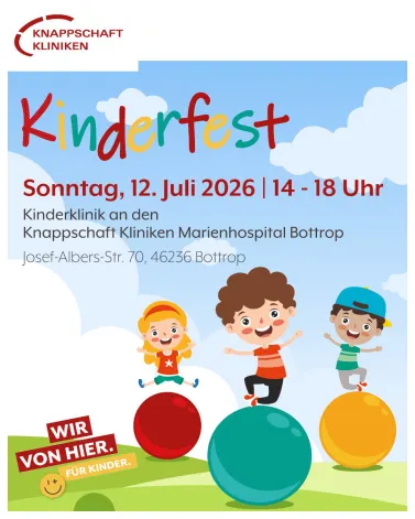 Am kommenden Sonntag lädt die Kinder- und Jugendklinik an den Knappschaft Kliniken Marienhospital Bottrop zum großen Kinderfest ein! 🌞🤹‍♀️

Euch erwartet ein buntes Programm mit: 
🏥 Ambulanzzelt mit Gipsen und Teddy-Krankenhaus
🏰 Hüpfburg
🎠 Kinderkarussel
🚒 Feuerwehr
🎈 Luftballonkünstler
🤡 Klinikclowns
...und vieles mehr

Auch für das leibliche Wohl ist natürlich gesorgt 🍰🍦🌭

Wir freuen uns auf euren Besuch! 🤩

<a href='https://www.instagram.com/explore/tags/knappschaftkliniken/' target='_blank'>#knappschaftkliniken</a> <a href='https://www.instagram.com/explore/tags/marienhospitalbottrop/' target='_blank'>#marienhospitalbottrop</a> <a href='https://www.instagram.com/explore/tags/kinderfest/' target='_blank'>#kinderfest</a> <a href='https://www.instagram.com/explore/tags/kinderklinik/' target='_blank'>#kinderklinik</a> <a href='https://www.instagram.com/explore/tags/wirvonhierfürkinder/' target='_blank'>#wirvonhierfürkinder</a>